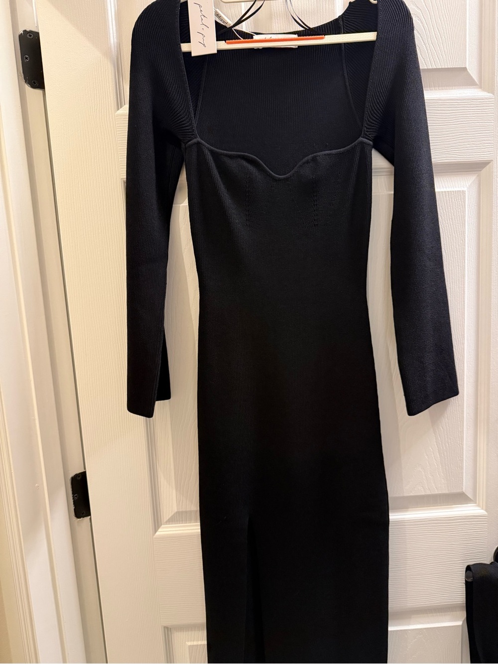 Petal & Pup Black Long Sleeve Ribbed Knit Midi Dress with Sweetheart Neckline